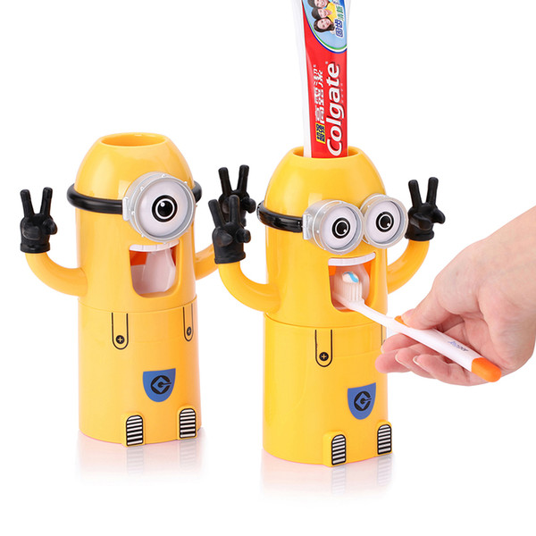 Home Bathroom Products Cute Design Set Cartoon yellow Minions Toothbrush Holder Automatic Toothpaste Dispenser Toothpaste holder