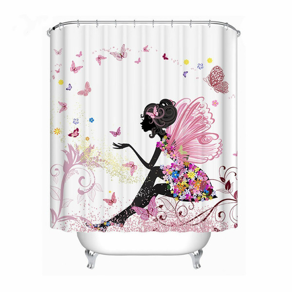 Trendy Pink Flower Fairy Girl Butterfly Shower Curtain Polyester Fabric Waterproof Mildew Resistant Bathroom Curtain