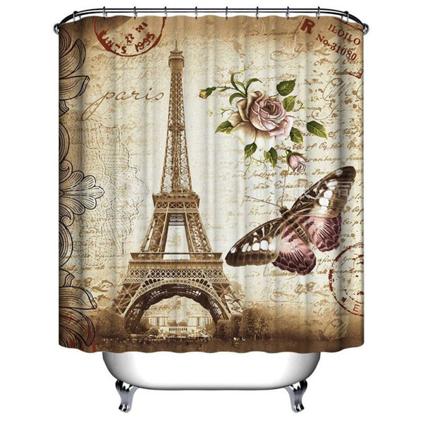 Wholesale- New Eiffel Tower Butterfly Flower Postmark Shower Curtain Bathroom Waterproof Mildewproof Polyester Fabric 12 Hooks 71 Inch