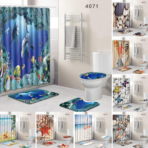 Rug+ Lid Toilet Cover+ Bath Mat+ Shower curtain 4Pcs/Set Bathroom Accesories Non-Slip Pedestal Set 8 Patterns for Choice