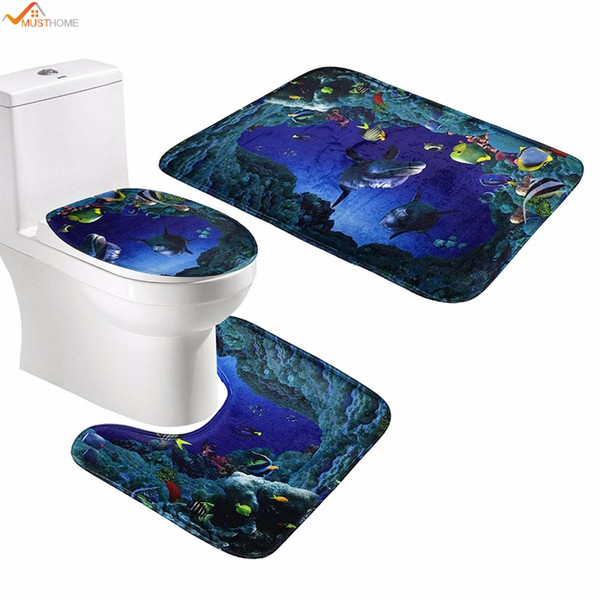 3pcs/set Bathroom Non-Slip Pedestal Rug + Lid Toilet Cover + Bath Mat Underwater World Bedroom Kitchen Bed Car seat Sofa Mat pad