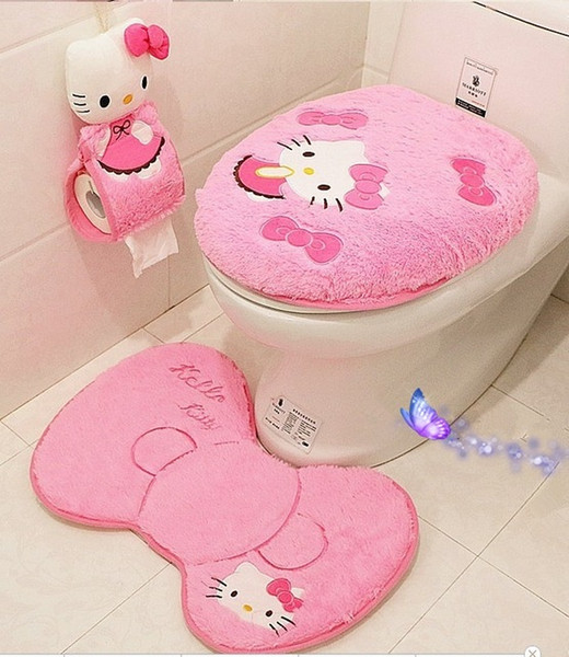 New Hello Kitty Bathroom Set Toilet Set Cover WC Seat Cover Bath Mat Holder Closestool lid Cover 4pcs/set Free Shipping
