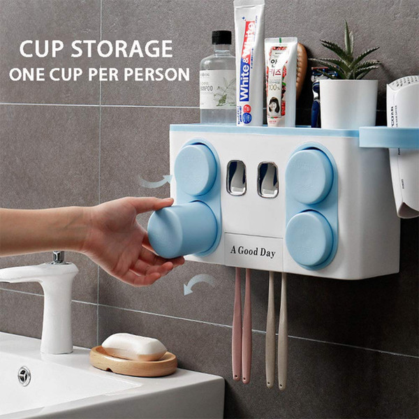 Multifunctional Bathroom Shelves Organizer Storage Wall Mount Toothbrush Holder and Hair Dryer Holder Automatic Toothpaste Family Set
