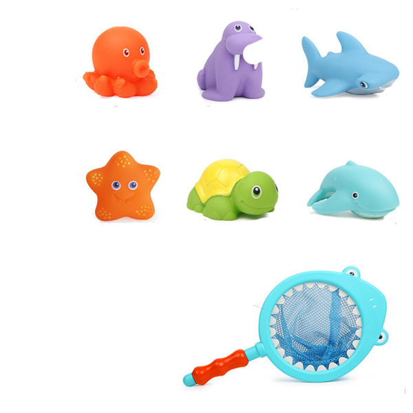 7pcs/set Baby Bath Toys Cute Shark Bath Toy Heat Discoloration Sounds Doll Fishing Net with 6 Animal Water Toy Shower Novelty Gift