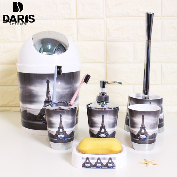 SDARISB 6PCS Eiffel Bathroom Accessory Bin Soap Dish Dispenser Bottle Toothbrush Holder Set Home Bathroom Products Wash Bath Set