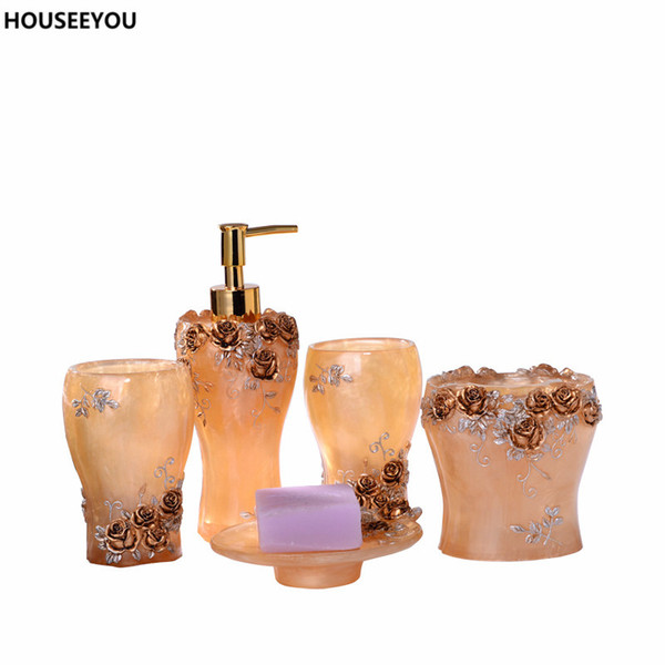 Floral Elegant Rose Resin Bathroom Accessories Set Fadeless Lotion Dispenser Toothbrush Holder Gargle Cup Soap Dish 5pcs /Set