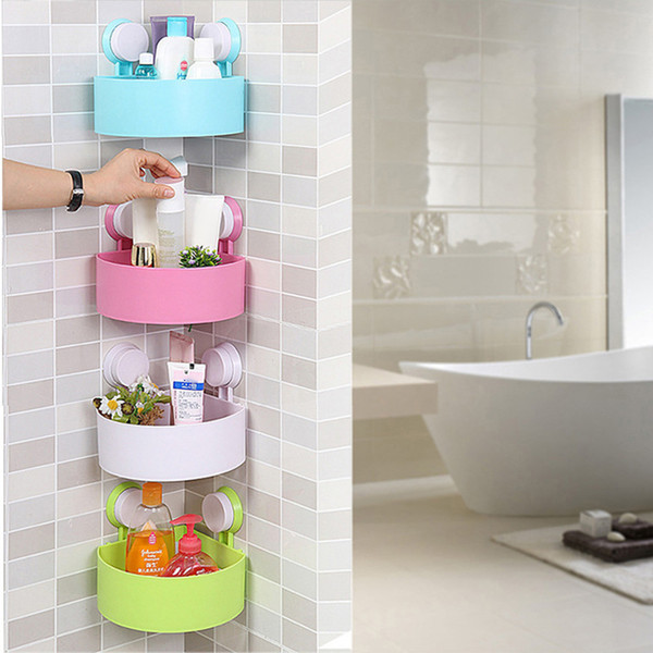 Wall Mounted Bathroom Corner Shelf Sucker Suction Cup Plastic Shower Basket Kitchen Wall Rack Shower Room Holder four Colors