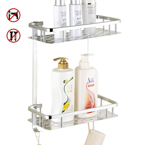 Bathroom Shelf (No Drilling) Shower Storage Rack Towel Shampoo Basket Durable Aluminum 2 Tiers Kitchen Bathroom Sticky No Drills Shelves