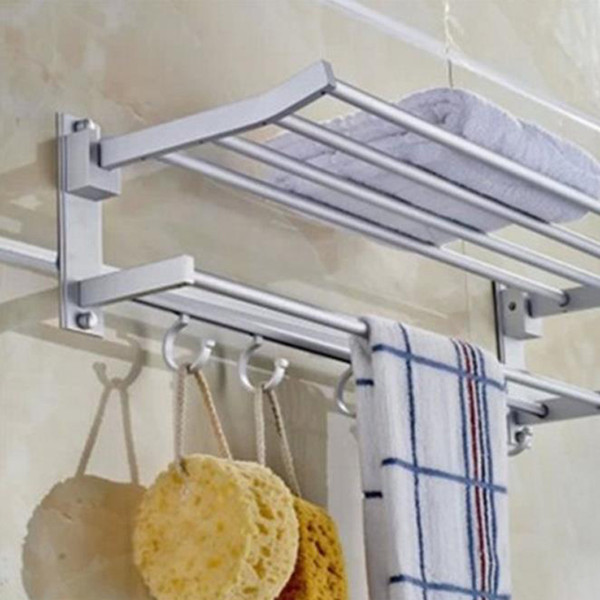 New Foldable Double Alumimum Towel Bar Set Rack Tower Holder Hanger Bathroom Hotel Shelf with 5 hooks