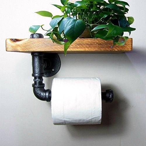 24*15cm Urban Industrial Style Wall Mount Iron Pipe Toilet Paper Holder Roller Wood Shelf Toilet Paper Industry Roller Iron-J011