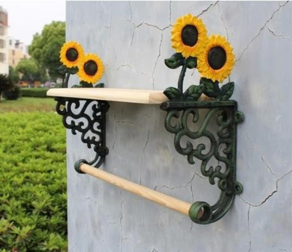 Country Sunflower Wrought Iron Towel Rack With Wood Shelf Bath Accessories Wall Mount Towel Holder Cast Iron Craft Home Decor Free Shipping