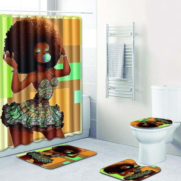 New bathroom sets carpet rug Shower curtain African woman Toilet seat cover bathroom non-slip carpet and shower curtain