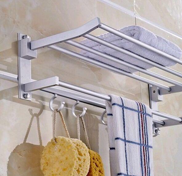 New Foldable Double Alumimum Towel Bar Set Rack Tower Holder Hanger Bathroom Hotel Shelf with 5 hooks