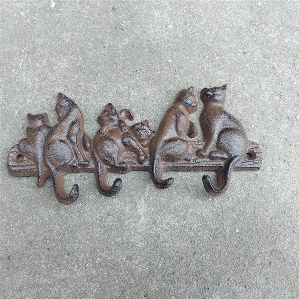 4 Pieces Cast Iron Decorative 6 Cats Coat Rack with 4 Hooks Key Hanger Holder Home Garden Wall Decor Gardening Animal Vintage Brown Antique