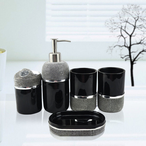 Bathroom 5pcs Natural Resin Soap Dish Shampoo Dispenser Bottle Toothbrush Cup Holder Set Black Color