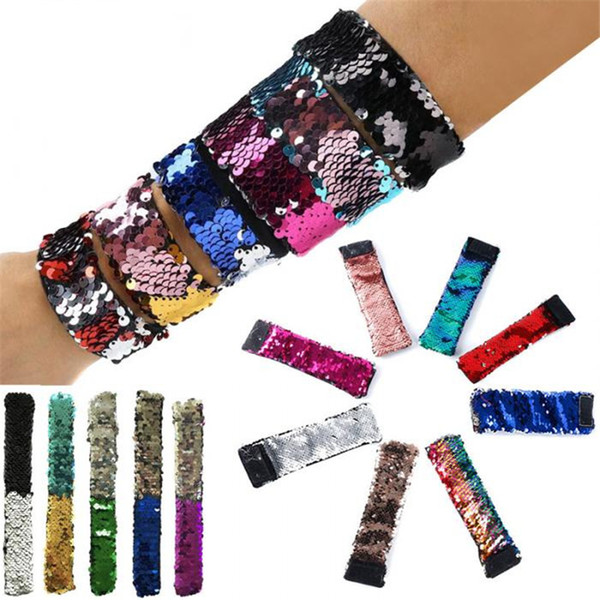 Girl Slap Bracelets Mermaid Sequin Wristband Double Colors Glitter Slap Bracelet Kids Party favors Multicolor Optional