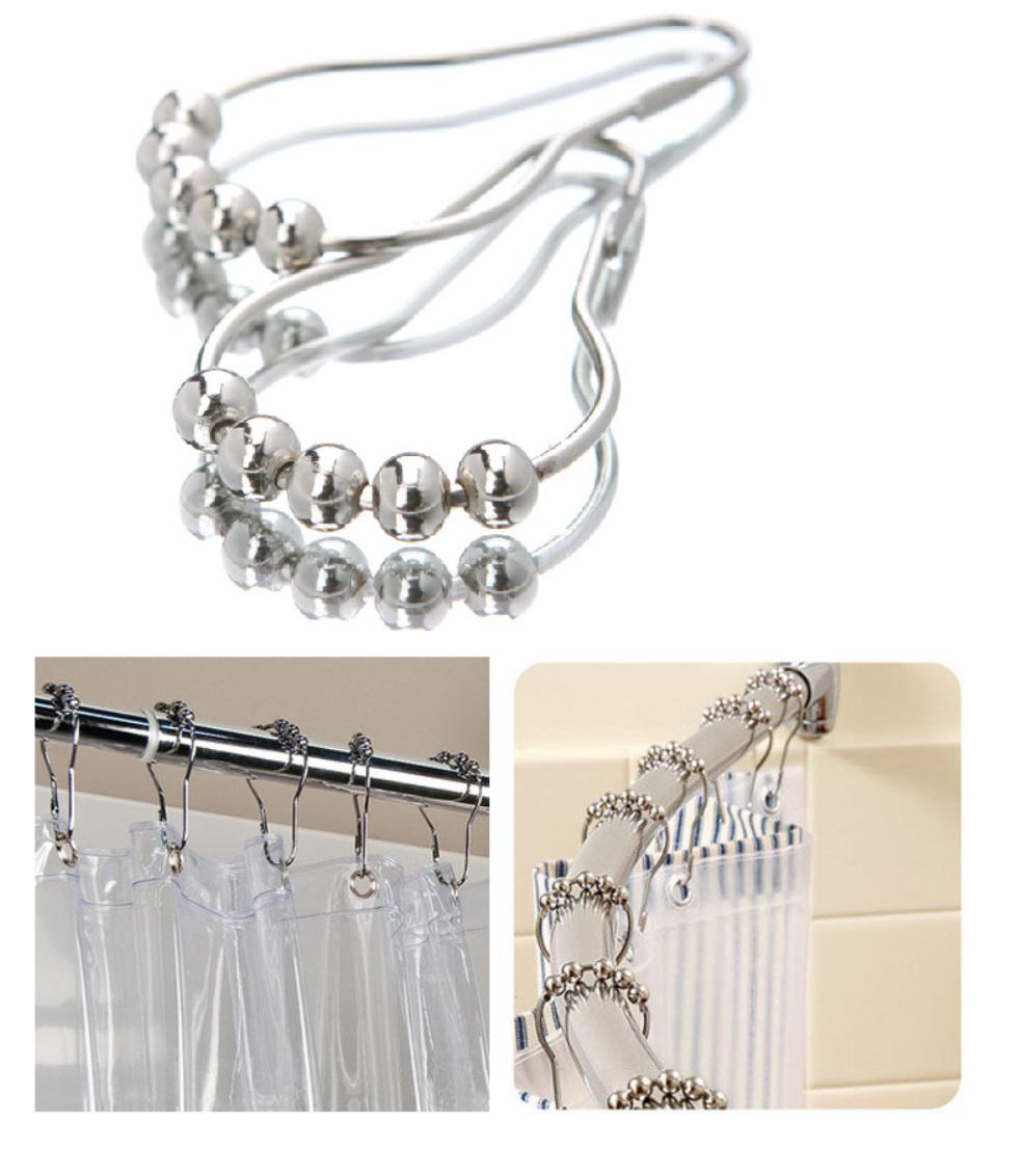 Rolling Shower Curtain Hooks Rings Roller 5 Pearls Easy Sliding Mute Durables Shower Curtain Pulley Chrome Mirror Finished 12pcs/set