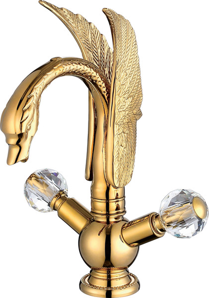 Free shipping GOLD PVD single hole Double Crystal Knobs bathroom basin swan faucet mixer tap