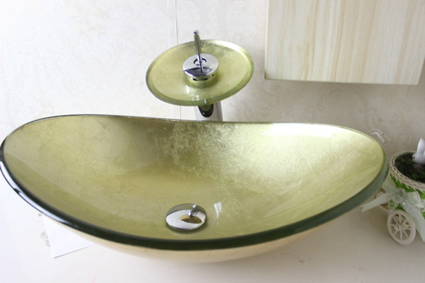 Modern Bathroom Basin Tempered Glass Vessel Sink With Chrome Faucet Set N675