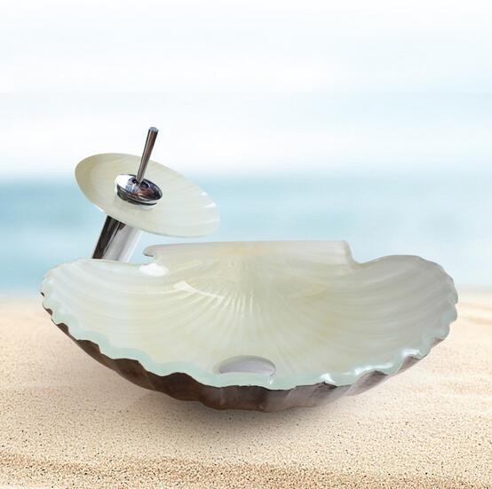 White conch-shaped toughened glass washbasins include waterfall faucets and drainage 6 products portfolio Free shipping set of sale