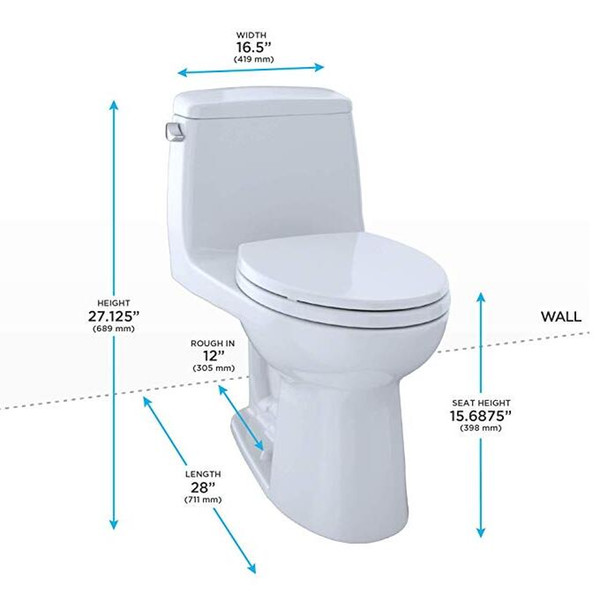 Authentic TOTO MS854114SG#01 Ultramax Elongated One Piece Toilet with Sanagloss, Cotton White