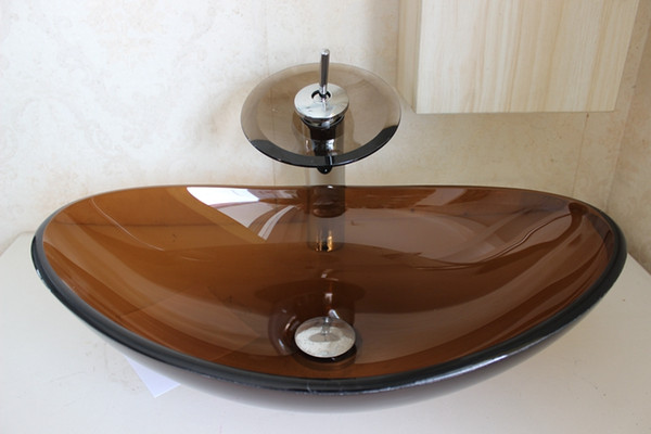 victory new design brown color termpered bathroom vessel sink glass sink glass basin art lavabo with waterfall faucet pop up mounting ring