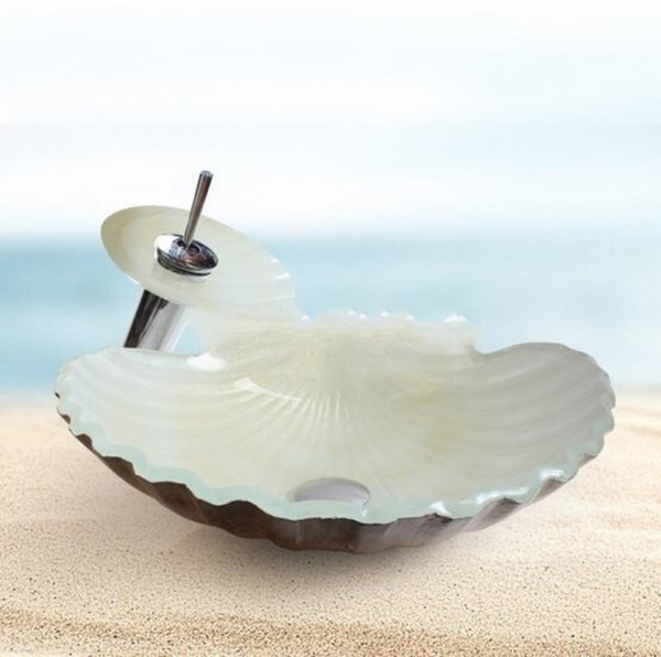 White conch-shaped toughened glass washbasins include waterfall faucets and drainage 6 products portfolio Free shipping set of sale