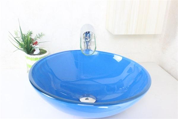 Navy blue sink basin Tempered Glass Vessel Sink With Faucet Set N-447