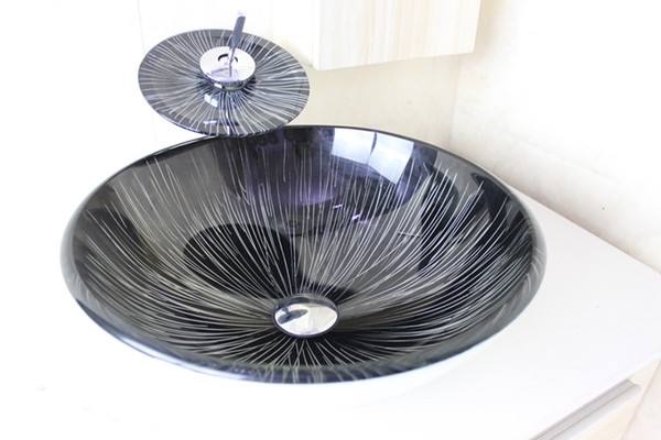 Black round basin Tempered Glass Vessel Sink With Chrome Faucet Set N-694