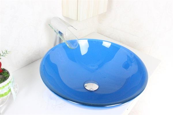 Sky blue bathroom vanityTempered Glass Vessel Sink With Faucet Set N-447