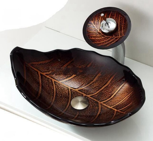 Washbasin leaf shape of the glass material brown oval bathroom sink and toilet sink Mounted on the platform