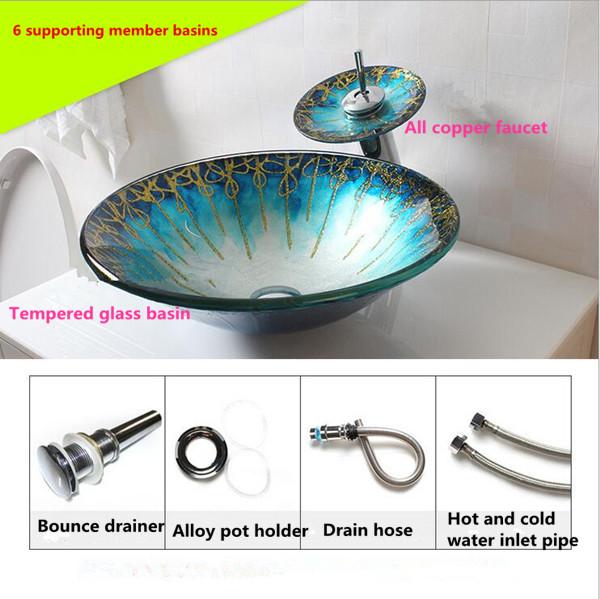 Wash basin Glass Products Bathroom Cleaning Arts Home Decoration Morning Glory Shape Green Waterfall faucet Free Shipping