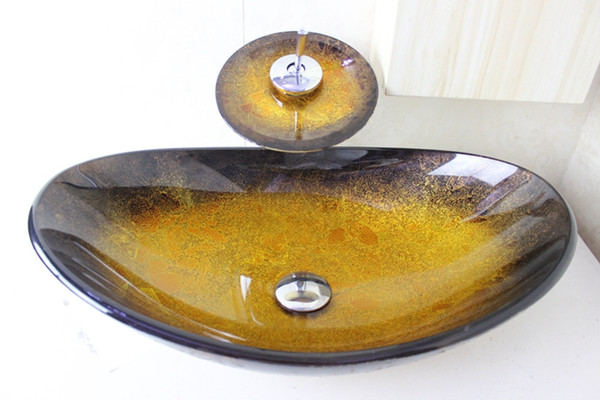 Above counter sink Tempered Glass Vessel Sink With Chrome Faucet Set N-692