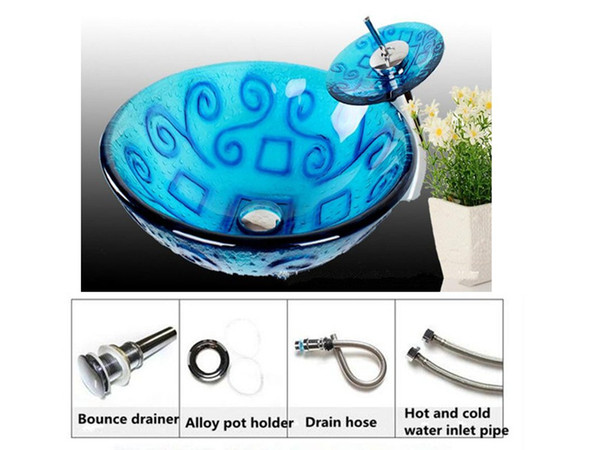 Wash basin Glass Products Bathroom Cleaning Arts Home Decoration Sink Blue Pattern China blue flower decoration Double glazing structure