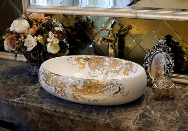 Bathroom Superior Ceramic Counter Top Sink Oval Wash Basin Porcelain Hand Painted Cloakroom Art Vessel Sinks jy-002