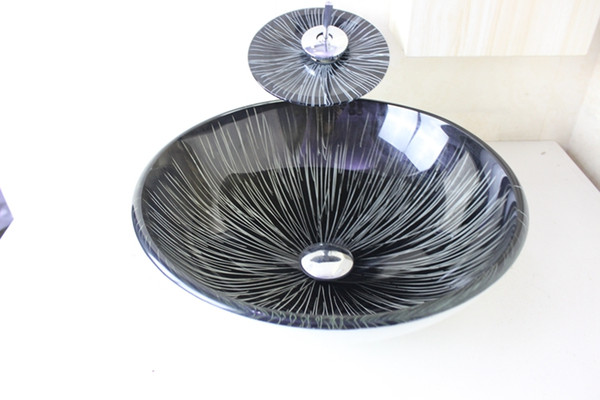 Above counter sink Tempered Glass Vessel Sink With Chrome Faucet Set N-694