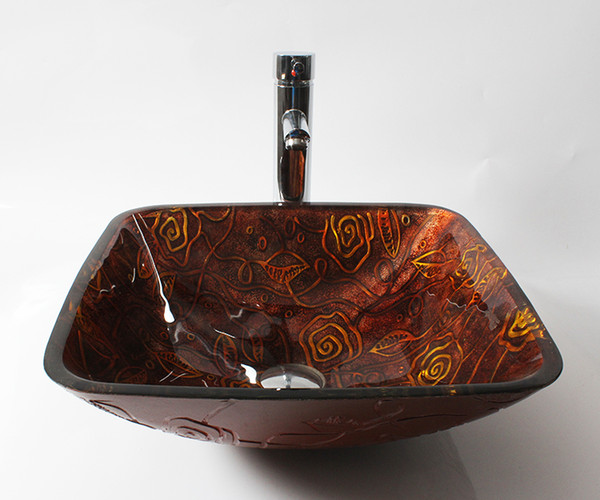Square crimson antique flower pattern of tempered glass basin and 6 supporting member basins Chinese ancient pattern