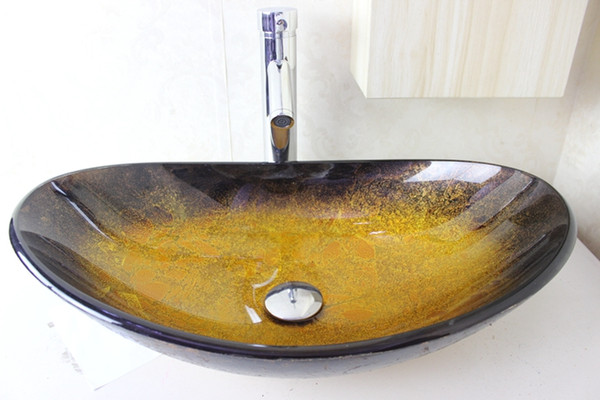 Above counter sink Tempered Glass Vessel Sink With Chrome l Faucet Set N-689