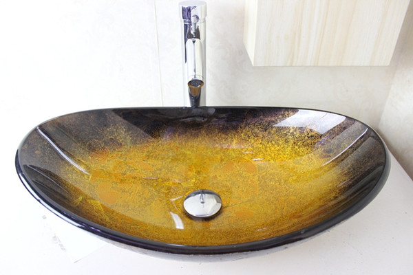 Gradient ingot Tempered Glass Vessel Sink With Chrome Faucet Set N-689