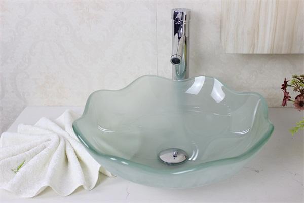 Frosted lotus garden pots Tempered Glass Vessel Sink With Faucet Set N-530