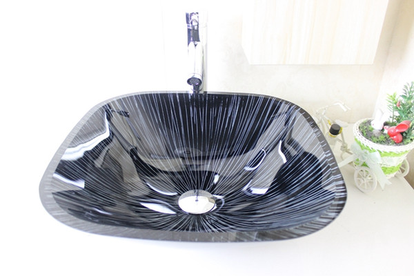 black Square Tempered Glass Vessel Sink With Chrome Waterfull Faucet Set N-677