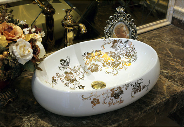 Bathroom Superior Ceramic Counter Top Sink Oval Wash Basin Porcelain Hand Painted Cloakroom Art Vessel Sinks jy-fx003