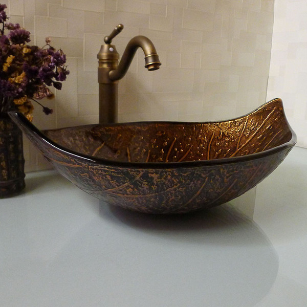 Bathroom tempered glass sink handcraft counter top leaf-shaped basin wash basins cloakroom shampoo vessel sink HX016