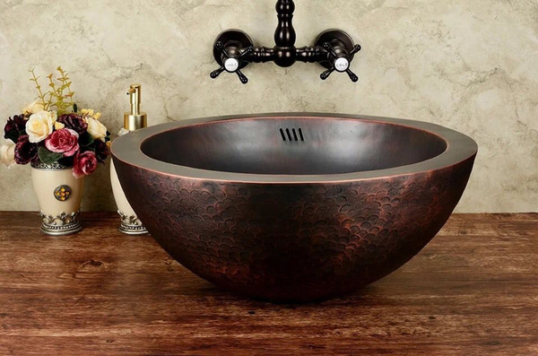 Round Copper VanitySink Hand hammered bathroom sink Round Drop-In Basin with Overflow Polished Copper