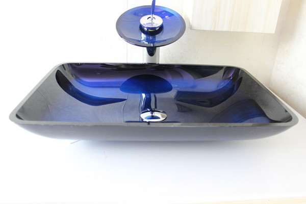 Black ray Tempered Glass Vessel Sink With Chrome Waterfull Faucet Set N-664
