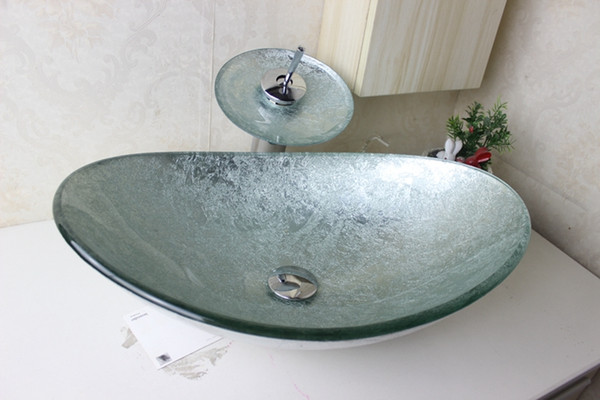 Silver Foil gold Tempered Glass Vessel Sink With Faucet Set N-653