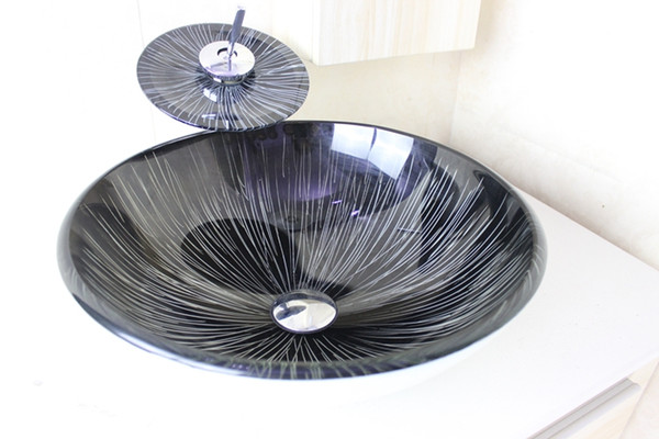 Above counter sink Tempered Glass Vessel Sink With Chrome Faucet Set N-694