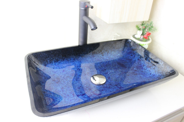 Blue Foil rectangular basin Tempered Glass Vessel Sink With Faucet Set N-654