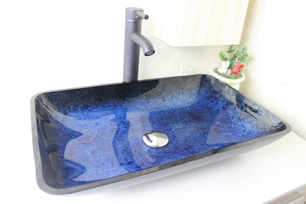 Blue Foil rectangular basin Tempered Glass Vessel Sink With Faucet Set N-654
