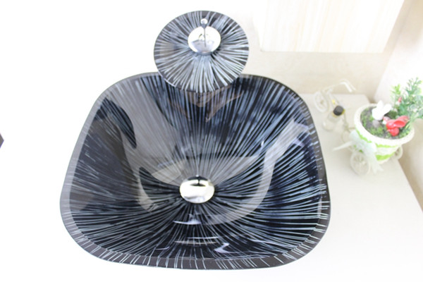 Black Square Tempered Glass Vessel Sink With Chrome Waterfull Faucet Set N-666